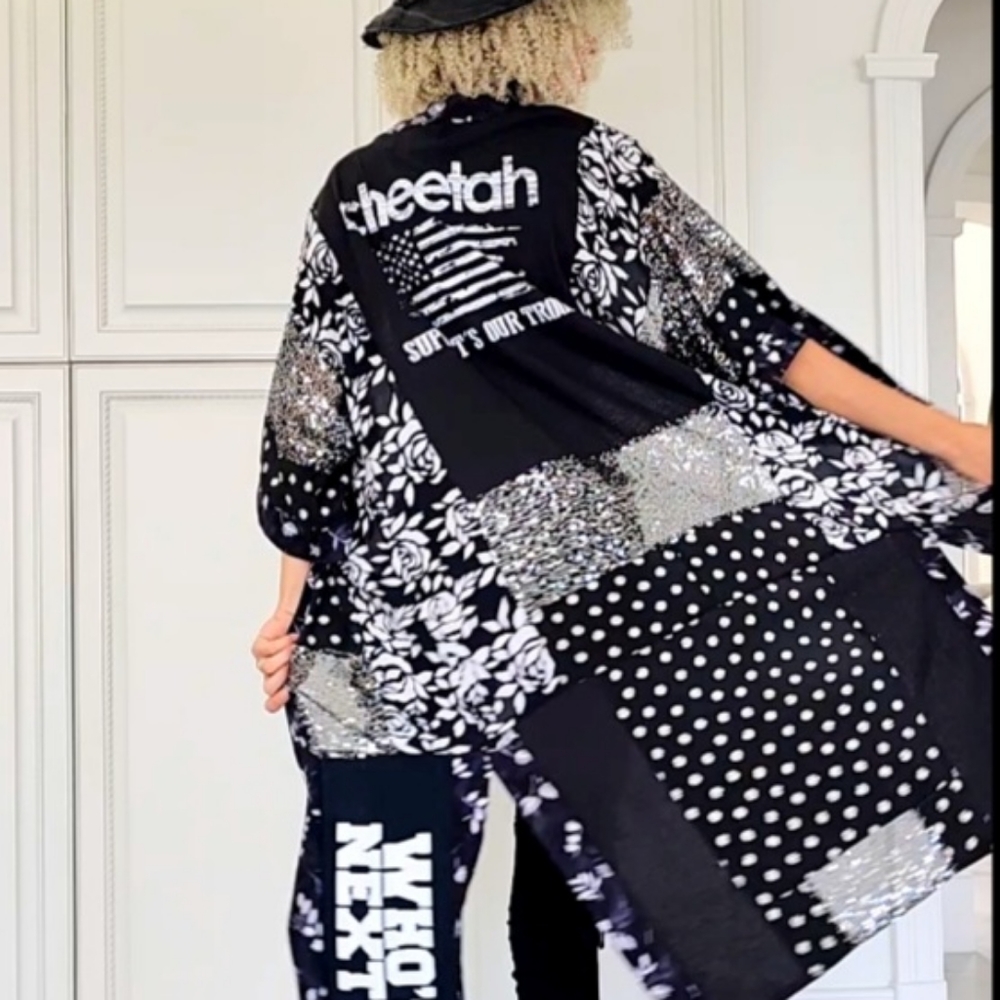 Designer Kimono Duster Cover-up Upcycled Graphic Organic Distressed Fabric